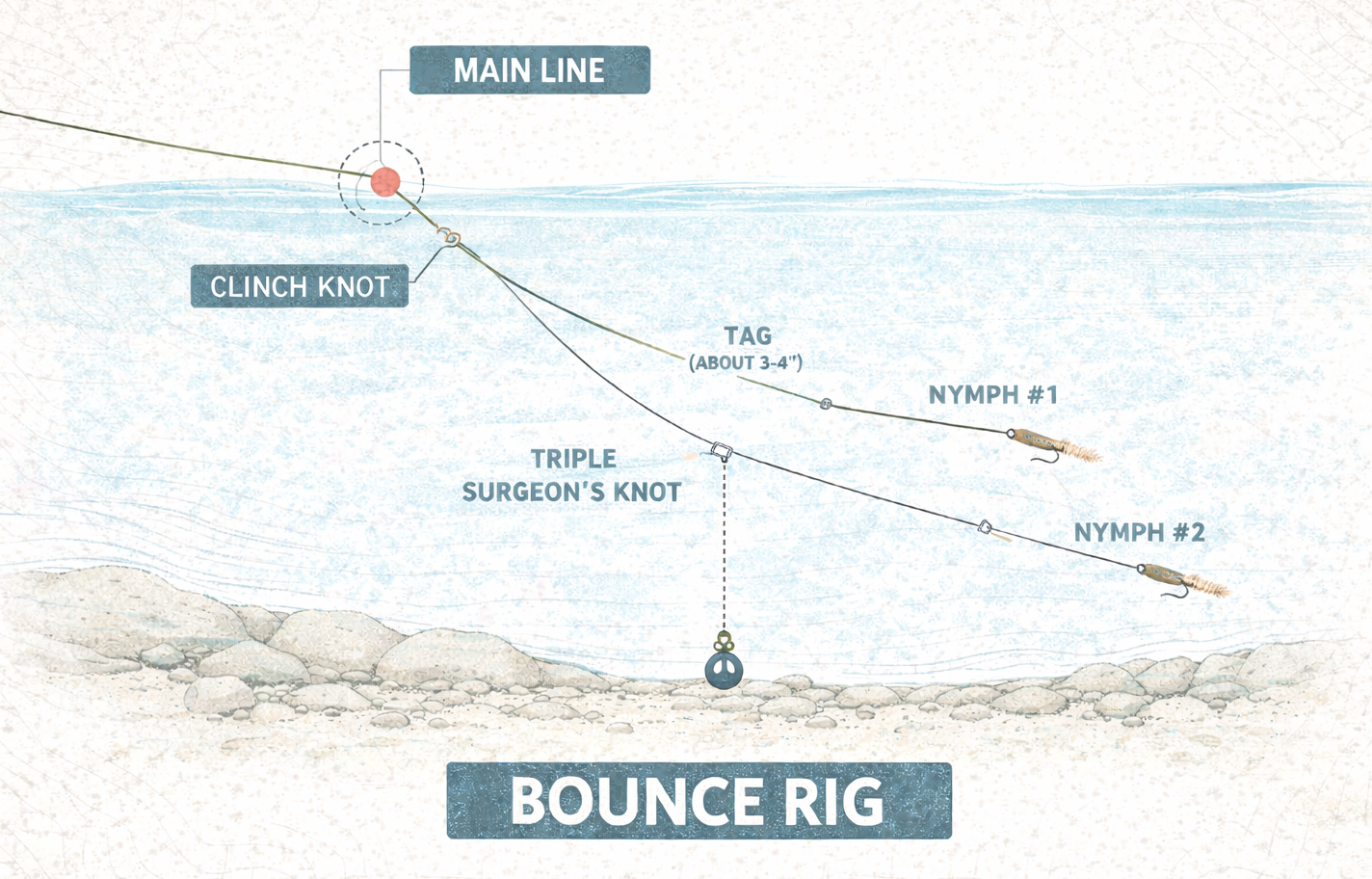Detailed bounce-rig diagram showing a main leader, two blood-knot tags, descending tippet, and split shot at the bottom