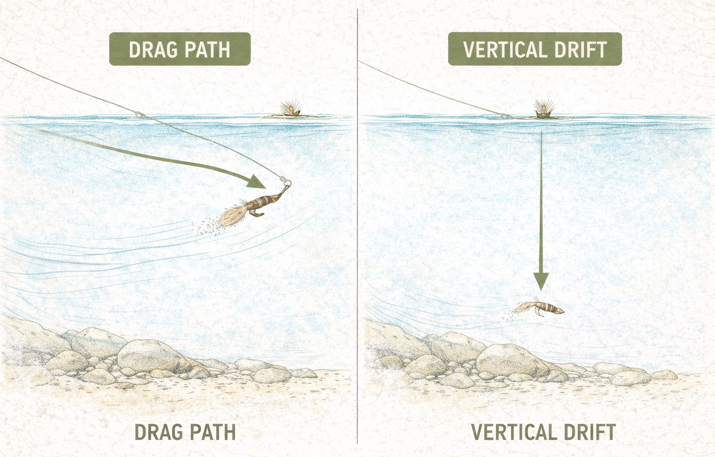 Comparison illustration showing a traditional tandem nymph rig dragging into snags versus a bounce rig dropping vertically with freer drifting flies