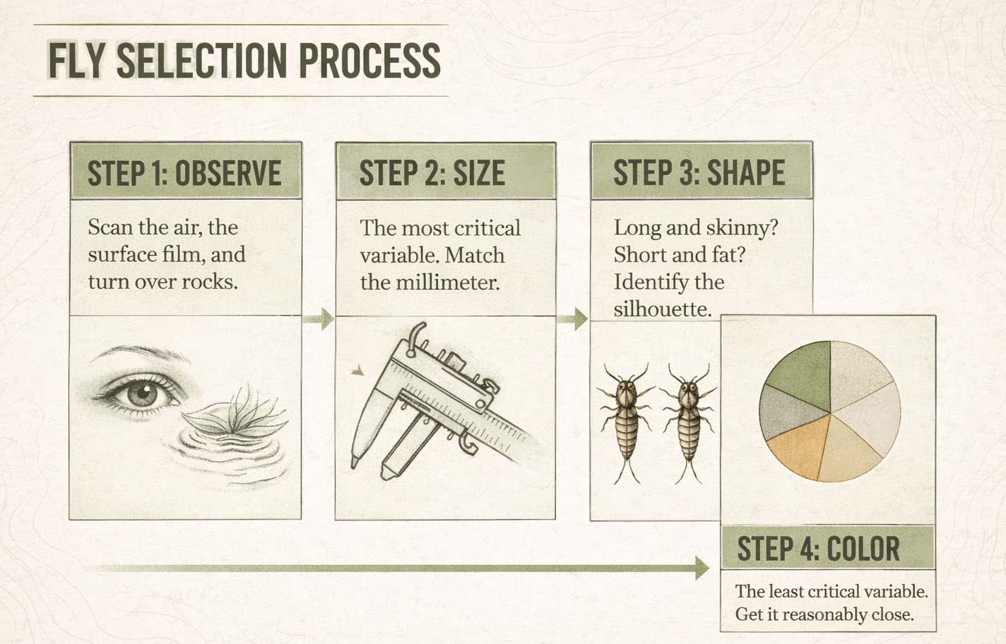 Field-guide style process illustration for choosing trout flies by observing, matching size, identifying shape, and then adjusting color
