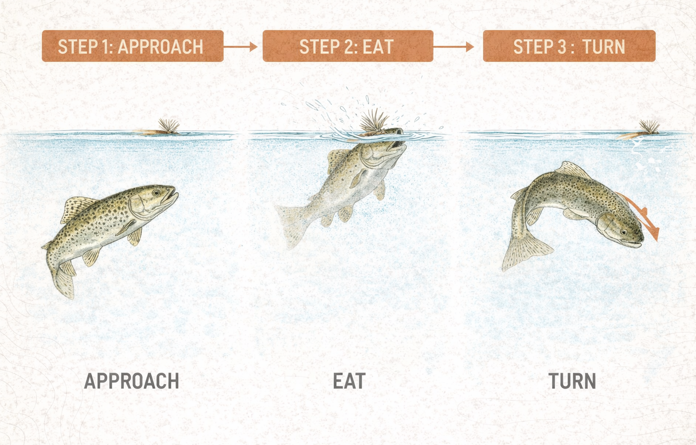 Three-step hook-set sequence showing a trout approaching a tiny dry fly, eating it, then turning down before the angler lifts