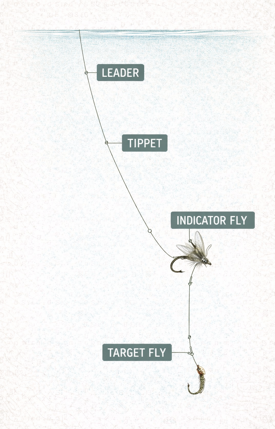 Leader diagram for a micro hatch showing long taper, indicator dry, and small target fly on fine tippet