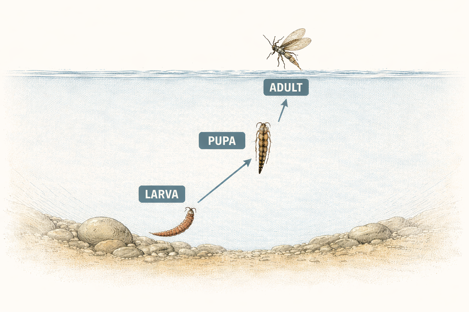 Water-column illustration showing midge larvae near the bottom, pupae rising through the column, and adults at the surface