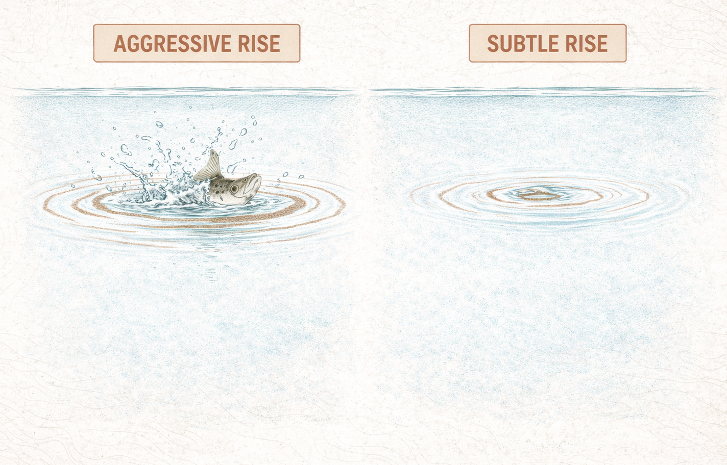 Comparison illustration of a splashy adult rise and a subtle emerger rise with concentric rings